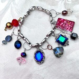 Collage Multicolored Handmade Charm Bracelet Repurposed Silver Tone Chain 4343